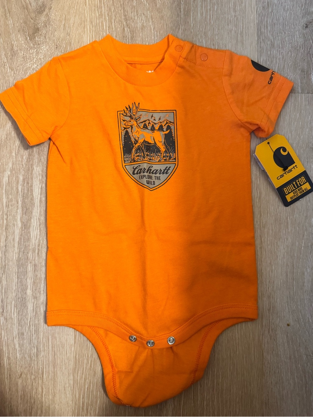 Carhartt Orange Baby One-Piece Bodysuit with Deer Graphic